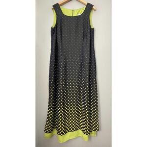 Vintage SL Fashions Dress Size 14W Navy Chartreuse Polka Dot Sleeveless Classic